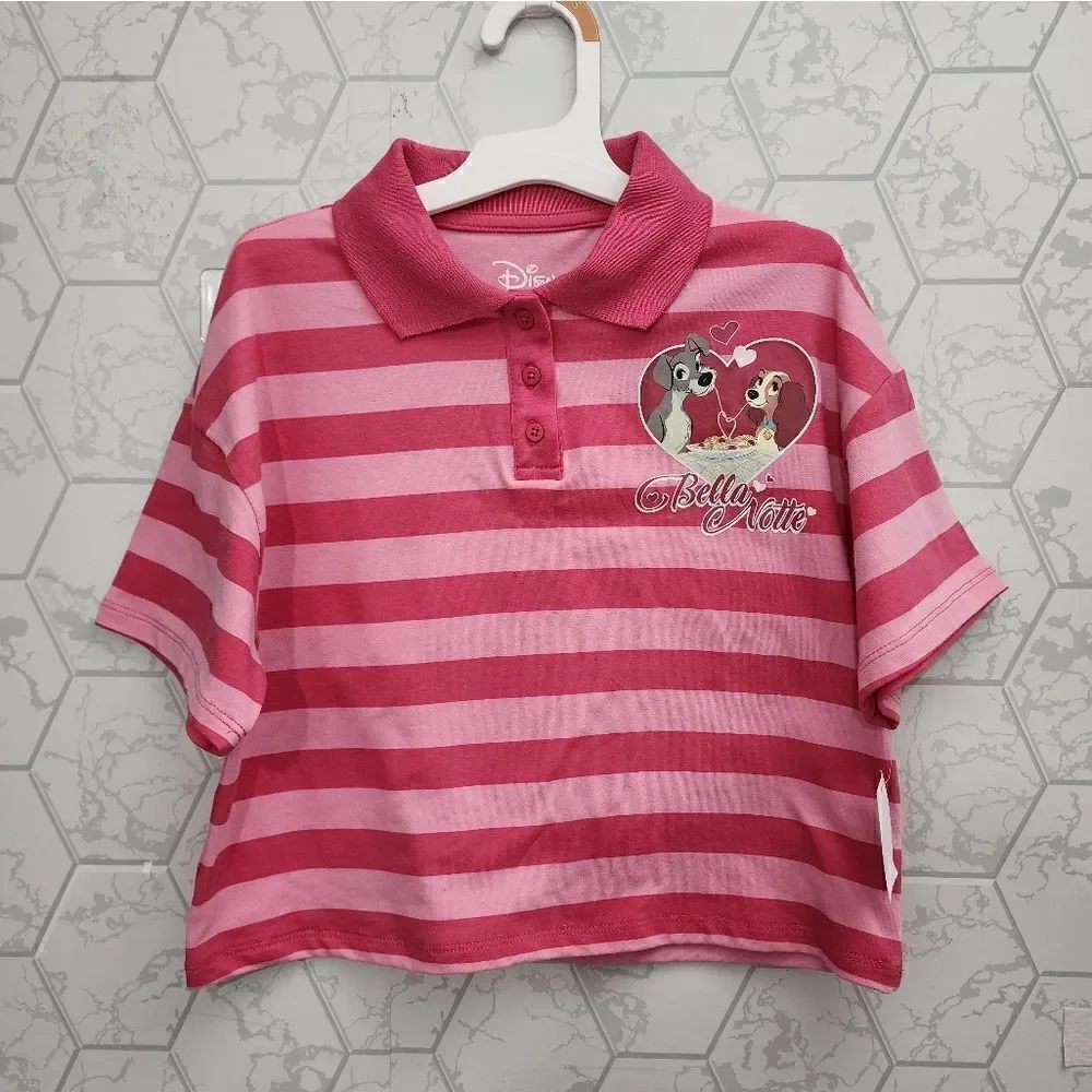 Nwt Girls' Disney Lady & The Tramp Valentine's Day Croped Polo Graphic T-Shirt